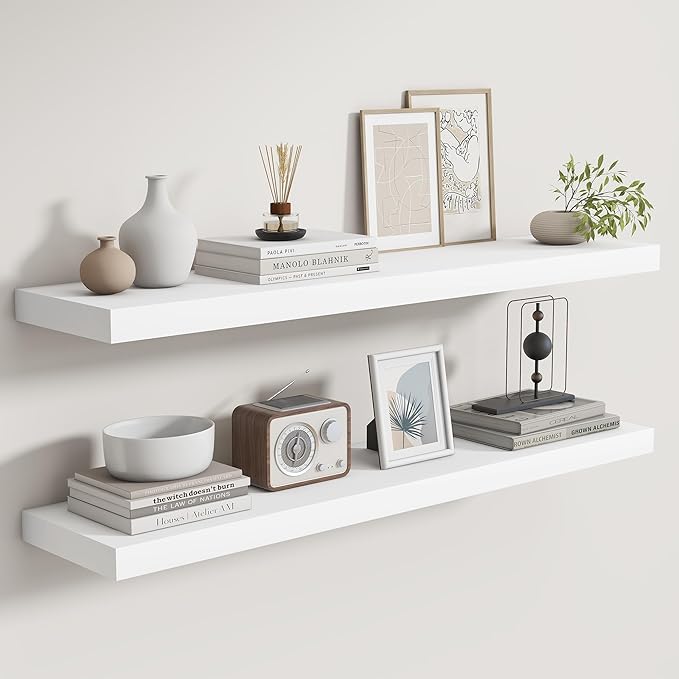 Fun Memories Rustic Real Wood Floating Shelves, 8 Inch Deep Floating Shelf Wall Mounted, 36" W x 8" D Wall Shelves Storage Shelves for Living Room, Bedroom, Bathroom, White Finish, Set of 2