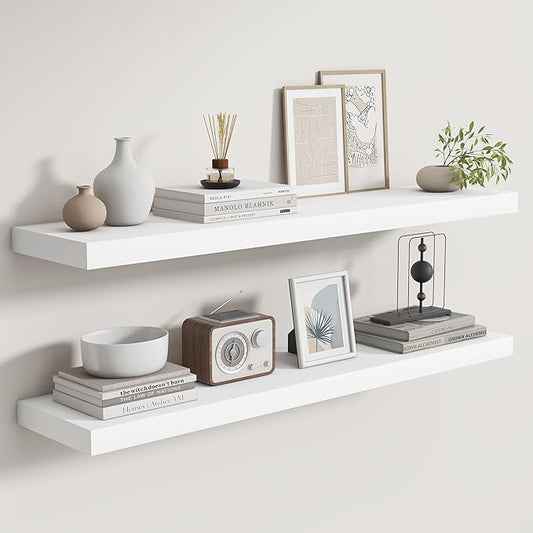 Fun Memories Rustic Real Wood Floating Shelves, 8 Inch Deep Floating Shelf Wall Mounted, 36" W x 8" D Wall Shelves Storage Shelves for Living Room, Bedroom, Bathroom, White Finish, Set of 2