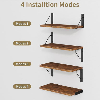 Wooden Floating Shelves for Wall, Floating Shelf for Bedroom Kitchen Decor, Wall Mounted Rustic Farmhouse Wood Shelf for Books, Plants, Set of 3(Rustic Brown, M (Rectangular))