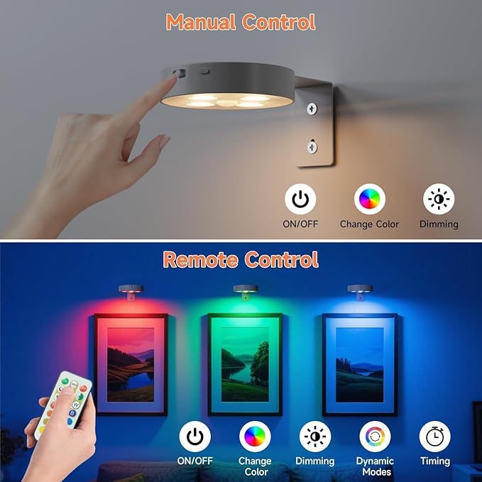 3 Pack Picture Lights for Wall Battery Operated, Motion Sensor Picture Light with Charging Base, Poster Lights with Remote Dimmable and Timer, Wall Lamps with 13 RGB for Art Display(White)