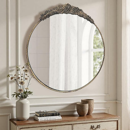 Growsun Round Wall Mirror with Vintage Black Floral Frame – 24 Inch Decorative Wall Mirror for Living Room, Bedroom, Entryway, Bathroom Vanity – Elegant Antique Accent Home Décor