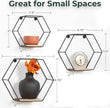 Greenco Geometric Hexagon Shaped Floating Shelves, Honeycomb Shelves, Home Decor, Metal Wire and Rustic Wood Wall Storage Shelves for Bedroom, Living Room, Bathroom, Kitchen and Office – Set of 3