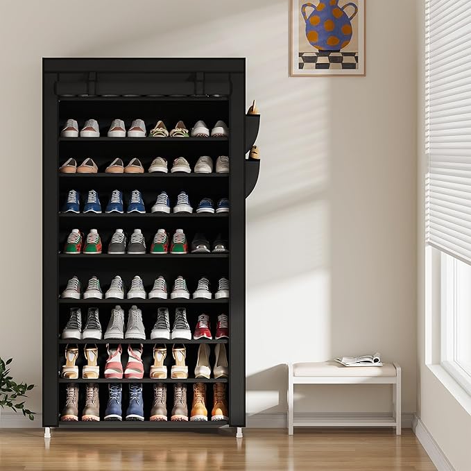 Laiensia 9-Tier Vertical Shoe Rack Organizer, Space Saving Shoe Storage Organizer, Non-Woven Cover Shoe Shelf Holds 36-45 Pairs for Bedroom, Hallway, Closet Entryway, Black