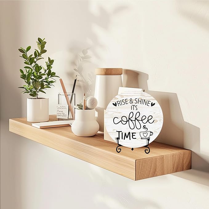 Coffee Desk Decor Sign, Farmhouse Wood Plaque, It Is Coffee Time Wood Sign, Cafe Lover Gifts, Decor For Home Kitchen Table Top, Wooden Round Decorations With Stand-18