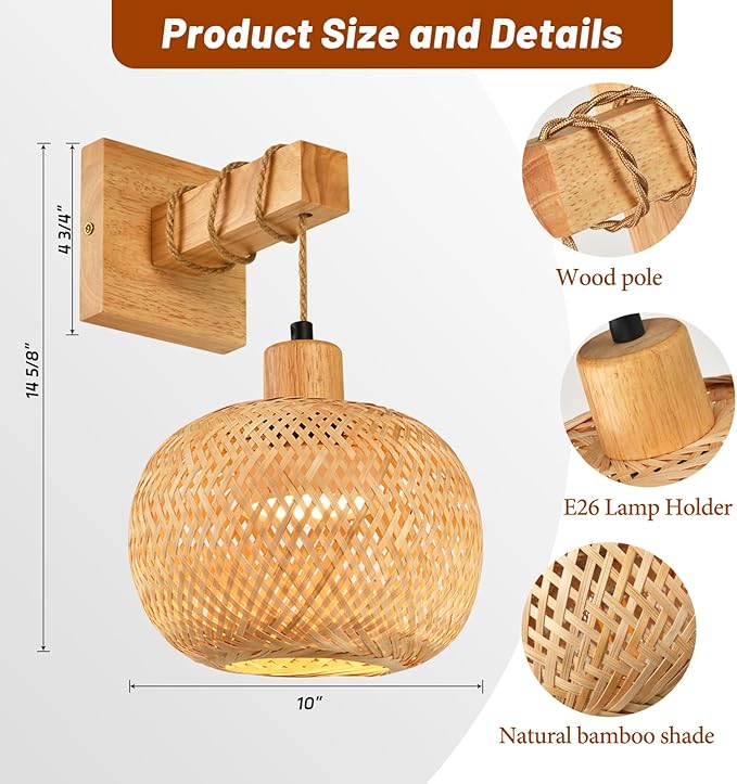 Battery Operated Wall Sconce Set of Two, Bamboo Solid Rubber Wood Wall Sconces with Remote RGB 15 Colors Dimmable, Farmhouse Boho Wall Lights for Bedroom Living Room Entryway