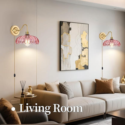 Vintage Plug in Wall Sconces Set of Two, Glass Wall Sconces Lamps with Flower Lampshade & Dimmable Plug in Cord, Dimmable Sconces Wall Decor Set of 2 Plug in Wall Lights Sconces for Bedroom