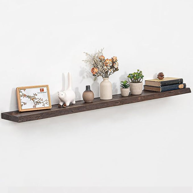 Fun Memories Floating Shelves for Wall, 60"x9.3" Rustic Solid Live-Edge Elm Wood Wall Shelves, Heavy-Duty Floating Shelves with Invisible Brackets for Living Room, Bedroom, and Kitchen, Walnut Finish