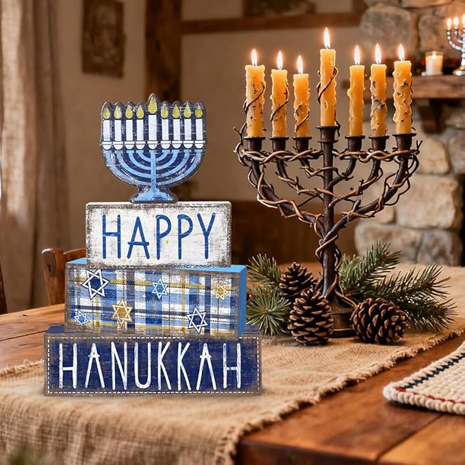 DIYDEC 4Pcs Hanukkah Table Decoration Happy Hanukkah Wooden Block Wooden Menorah Decoration Chanukah Table Centerpiece Sign Jewish New Year Decor for Holiday Gifts Tabletop Fireplace Shelf Desk Party