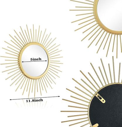 Cityelf 3 Set Sunburst Mirrors for Wall Decorative Metal Mirrors Small Mirror Sets Decor Hanging Mirror Wall Sculpture for Bedroom Living Room Entryway