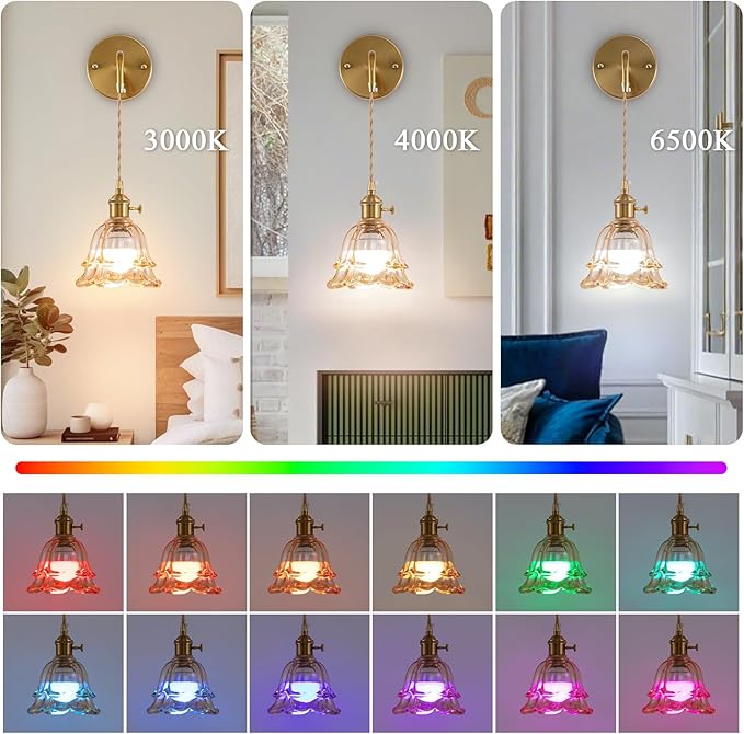 Battery Operated Wall Sconce Set of 2, Adjustable Chain Retro Gold Wall Mounted Light with RGB, Wireless Indoor Rechargeable Amber Wall Light for Living Room, Bedroom