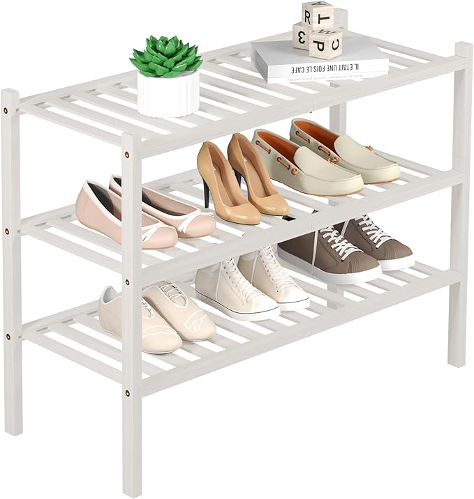 3 Tier Bamboo Shoe Rack for Closet Free Standing Wood Shoe Shelf Storage Organizer for Entryway Small Space Stackable 27"x11"x20" (White)