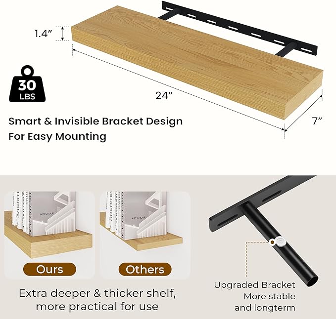 Dreamland 24 Inches Floating Shelves for Wall, 6.7 Inch Deep Floating Shelves Set of 2, Large Display & Storage Shelf, Wall Shelf for Bathroom Bedroom Living Room Kitchen Office,Oak