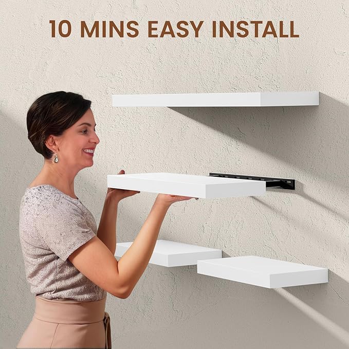 Heimlove 36 Inch Floating Shelves for Wall White Shelves Set of 2,Wall Mounted Rustic Wood 8 Inch Deep Floating Shelf with Invisible Brackets for Bedroom Kitchen Living Room