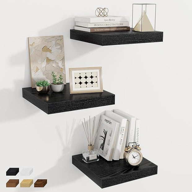 Fun Memories 12 Inch Square Floating Shelves 3 Pack - Wall Shelves with Invisible Brackets, Small Floating Shelves for Wall, Black Wood Shelves for Bathroom, Living Room, Bedroom, and Kitchen Decor