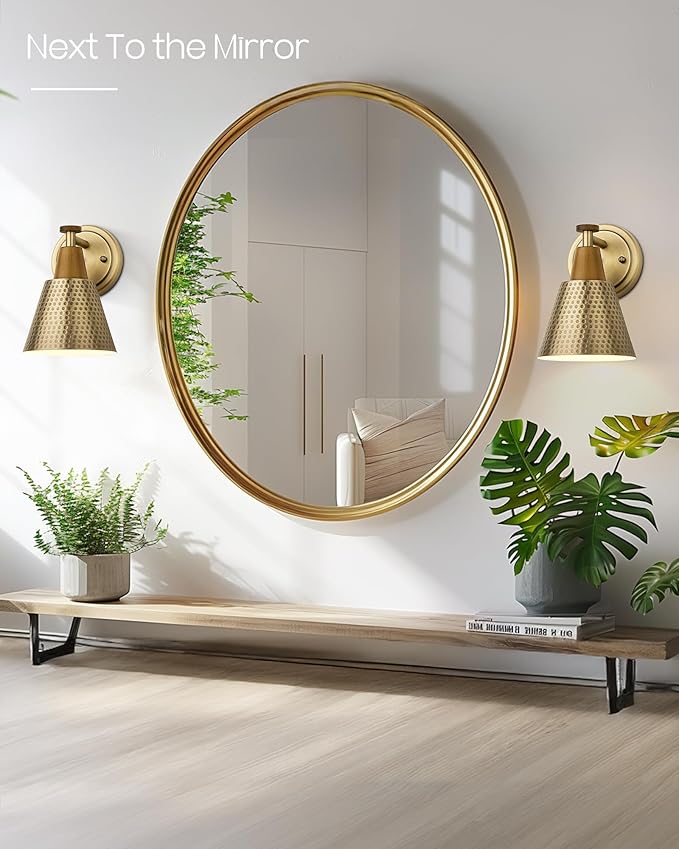 FEMILA Bathroom Light Fixtures 2 Pack, Gold Vanity Light with Hammered Metal Shade, 2-Lights Bath Wall Mounted Lights Wall Lamp for Mirror Kitchen Bedroom, 4FG59B-2 BG