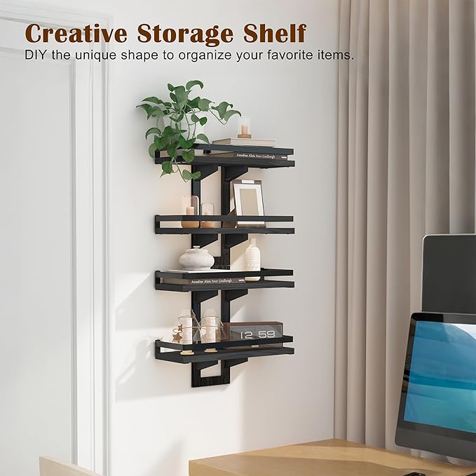 Floating Shelves for Wall, 2-Tier Wood Hanging Decor Storage Shelves, Wall Mounted Floating Shelf for Living Room, Bedroom, Bathroom,Kitchen, Office, Study (2-Pack Black)