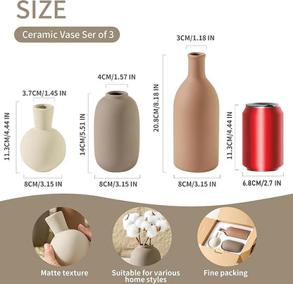 Ceramic Vases Set of 3, Modern Neutral Rustic Farmhouse Home Decor Pottery Pampas Decoration for Living Room, Table, Bathroom, Bedroom, Entryway - Brown