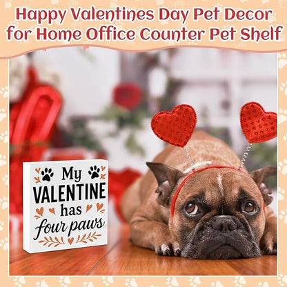 Valentines Cat Dog Desk Decor, Valentine's Day Gifts for Cats Dogs Lover Pet Parent, Home Office Table Sign Decoration for Shelf Tiered Tray, My Valentine Has Four Paws