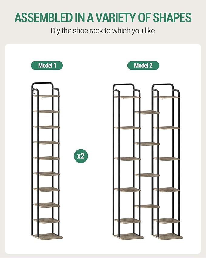 10 Tiers Vertical Shoe Rack, Narrow Shoe Tower, Tall Shoes Shelf with 2 Hooks, Adjustable Shelves, Corner Shoes Shelves for Small Spaces, Entryway, Living Room, Greige SR11205B