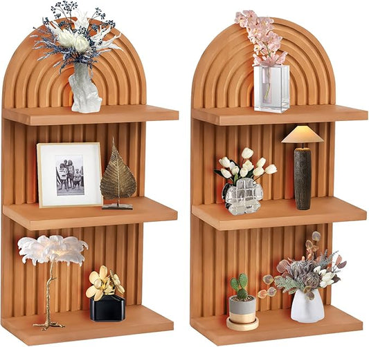2 Pieces Boho Wall Shelf,3 Tier Arch Wooden Mid Century Shelves Decorative Rainbow Hanging Shelves,Bohemian Floating Shelves,wall Mounted Wood ArchWall Decor for Living Room Display (02)
