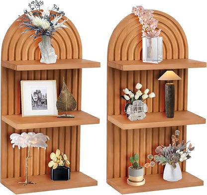 2 PCS Boho Wall Shelf with Screws, Wooden Rainbow Wall Shelves Mid Century Boho Arch Shelf, Boho Decor Shelves for Bathroom, Bedroom, Kitchen Decoraction and Storage (Wood-05)
