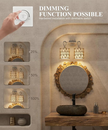 N12-3 Two-Lights Boho Rattan Wall Sconce - Vanity Lights Fixtures for Mirror, Cross-Woven Shade & Hardwired Wall Lamp with Woodgrain Metal Frame, E26 Bulb Base