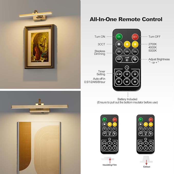 Picture Lights for Wall Battery Operated 3 Colors Dimmable Lights for Pictures On Wall 15.56 Inch Brass Art Lighting for Paintings Wireless Gallery Light Poster Lights with Remote and Timer