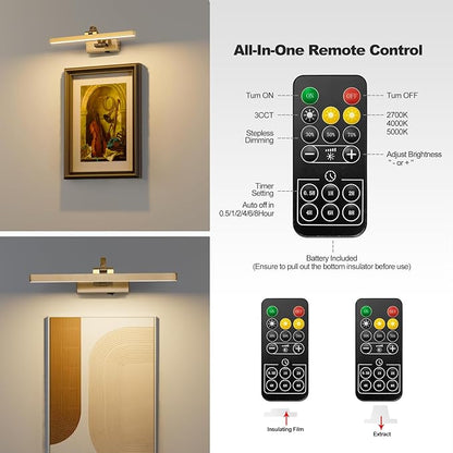 Picture Lights for Wall Battery Operated 3 Colors Dimmable Lights for Pictures On Wall 15.56 Inch Brass Art Lighting for Paintings Wireless Gallery Light Poster Lights with Remote and Timer
