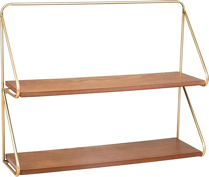 Wood Floating Shelf for Wall – 2-Tier Floating Shelves with Iron Frame, Home Decor Shelf for Bedroom – Modern Wall Shelves for Living Room & Bathroom – 20