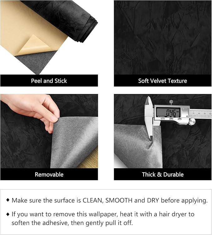LACHEERY Black Velvet Wallpaper Peel and Stick Felt Flock Wallpaper Self Adhesive Velvet Contact Paper Black Fabric Wall Paper for Walls Cabinets Drawers Shelf Liner Jewelry Box Liner Roll 15.8"x79"