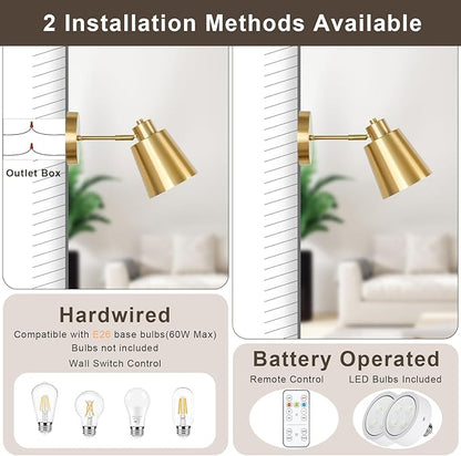 Battery Operated Wall Sconces Set of 2, Dimmable LED Wall Lights with Remote Control, Indoor Sconce Wall Lighting 3000K/4000K/6000K Adjustable Gold Wall Mounted Lamps for Bedroom Living Room Hallway