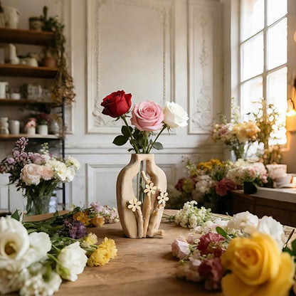 Artistic Wood Glass Vase,Wooden Base Cylindrical Flower Vase,Classic Boho Rustic Style for Fireplace Bedroom Kitchen Living Room Centerpieces Office Desk (Tall Vase)