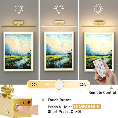 Mocalido 2 Pack Gold Picture Light Battery Operated for Wall 16in, 6 Colors Wireless LED Art Light for Painting with Remote, 5200mAh Dimmable Frame Lights for Gallery Library
