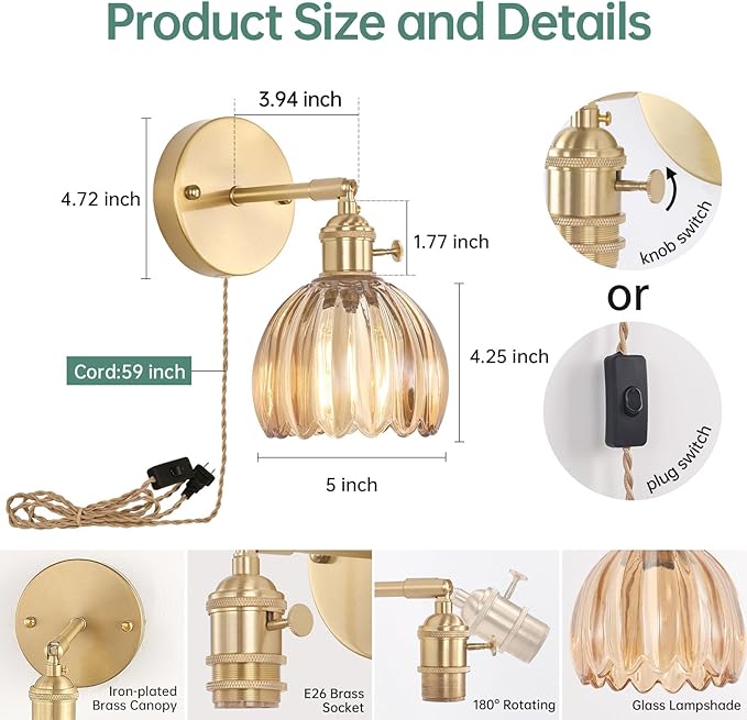 Plug in Wall Sconce, Amber Tulip Glass Lampshade Wall Light Plugin Corded for Bedside Bedroom Doorway, 2 Pack