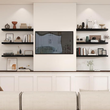 Heimlove 36 Inch Black Floating Shelves for Wall,10 Deep Wood Shelves with Invisible Brackets,Wall Mounted Storage & Display Shelves for Bedroom,Living Room,Kitchen,Office