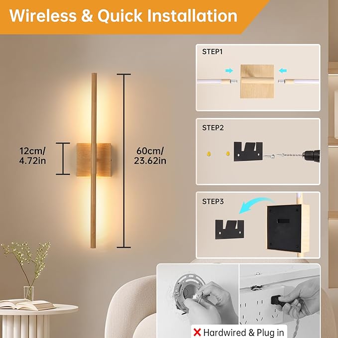 Battery Operated Wall Sconce Set of 2, 8000mAh Rechargeable Wall Sconces, 3000K-6000K Dimmable, 350°Rotate, Indoor Wall Lights for Bedroom Living Room, Original Wood, 23.6 Inch