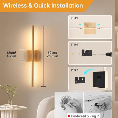 Battery Operated Wall Sconce Set of 2, 8000mAh Rechargeable Wall Sconces, 3000K-6000K Dimmable, 350°Rotate, Indoor Wall Lights for Bedroom Living Room, Original Wood, 23.6 Inch