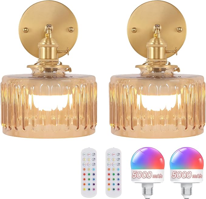 Vintage Battery Operated Wall Sconce with Amber Striped Glass Lampshade 5000 mAh Rechargeable Battery Powered Wall Light with Remote Control for Bedside Bedroom Doorway, Set of 2