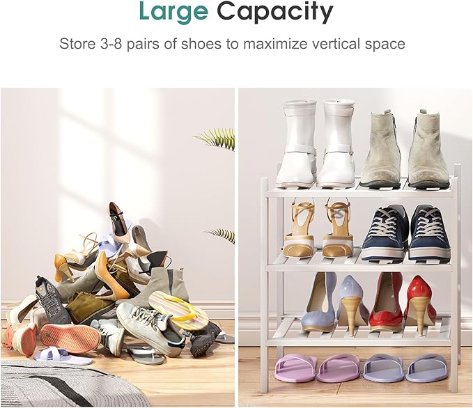 Small Shoe Rack for Entryway, White Shoe Organizer for Closet, Bamboo Wood Standing Shoe Shelf for Indoor Outdoor (White, 3-Tier_Samll)