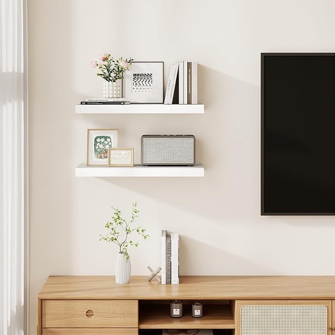 Fun Memories Rustic Floating Shelves for Home Decor, 8 Inch Deep Floating Shelf, Solid Wood Floating Wall Shelves 24 Inch Long, Deep Wall Shelves for Bathroom, Living Room, White Finsh, Set of 2