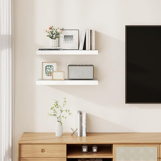 Fun Memories Rustic Floating Shelves for Home Decor, 8 Inch Deep Floating Shelf, Solid Wood Floating Wall Shelves 24 Inch Long, Deep Wall Shelves for Bathroom, Living Room, White Finsh, Set of 2