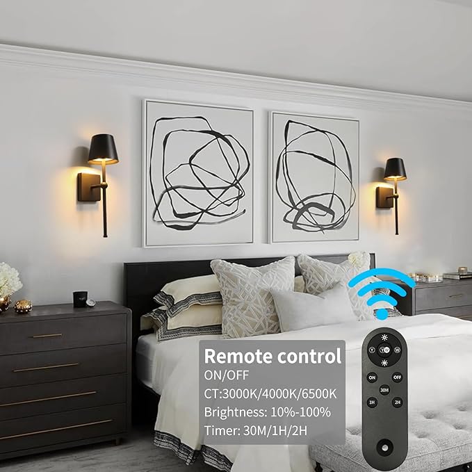 Battery Operated Wall Sconce Rechargeable Wireless Cordless Wall lamp Decor Set of one Black for Bedroom Living Room Bedside