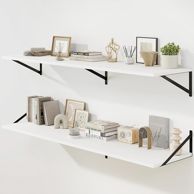 Fun Memories Floating Shelves for Wall, 12 Inch Deep Floating Shelves Set of 2, 55W x 12D Large Wall Shelf with Sturdy Metal Brackets for Living Room, Bathroom, Bedroom and Kitchen, White