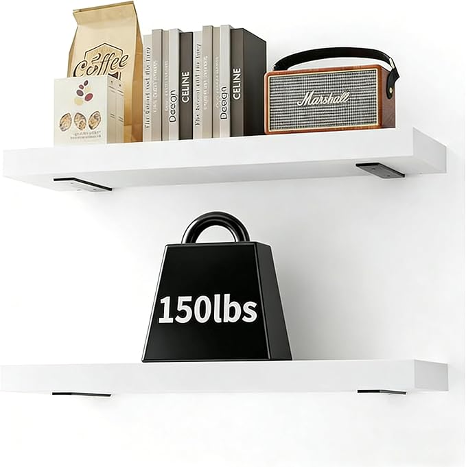 Solid Wood Floating Shelves 24'' Long, 8'' Deep Wall Mounted Shelves with Heavy Duty Brackets, Max Load 150 lbs, Wall Shelves for Bathroom Kitchen Living Room, 24 x 8 x 1.6 in, White, Set of 2