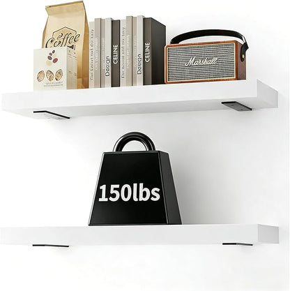 Solid Wood Floating Shelves 24'' Long, 8'' Deep Wall Mounted Shelves with Heavy Duty Brackets, Max Load 150 lbs, Wall Shelves for Bathroom Kitchen Living Room, 24 x 8 x 1.6 in, White, Set of 2
