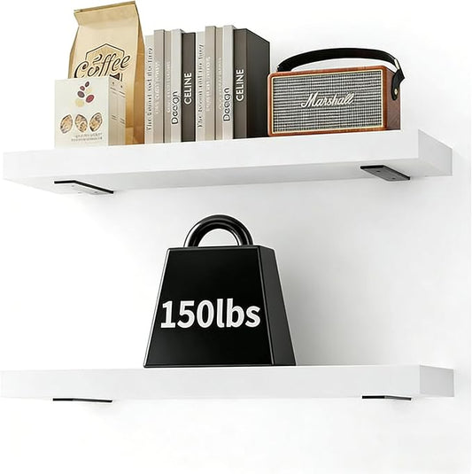 Solid Wood Floating Shelves 24'' Long, 8'' Deep Wall Mounted Shelves with Heavy Duty Brackets, Max Load 150 lbs, Wall Shelves for Bathroom Kitchen Living Room, 24 x 8 x 1.6 in, White, Set of 2