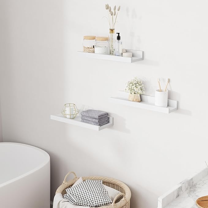 Floating Shelves for Wall, 16 inch Solid Wood Picture Ledge Shelf for Wall Storage, Nursery Book Shelves with Lip for Living Room Bathroom Bedroom Kitchen, Set of 3, Washed White