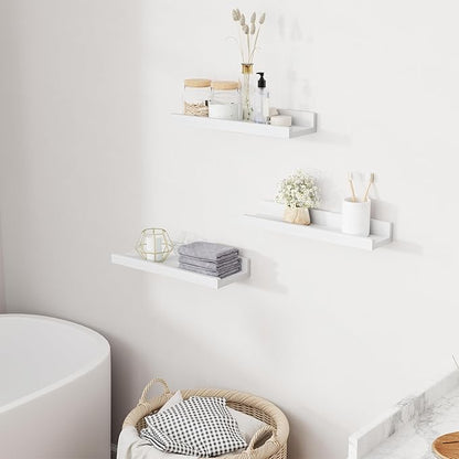 Floating Shelves for Wall, 16 inch Solid Wood Picture Ledge Shelf for Wall Storage, Nursery Book Shelves with Lip for Living Room Bathroom Bedroom Kitchen, Set of 3, Washed White
