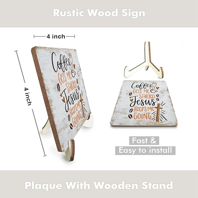 Inspirational Coffee Sign Rustic Desk Decor Decorative Christian Religious Bible Verse Faith Decoration for Home Farmhouse Bedroom Office Coffee Bar Table Shelf Tiered Tray Plaque with Wood Stand