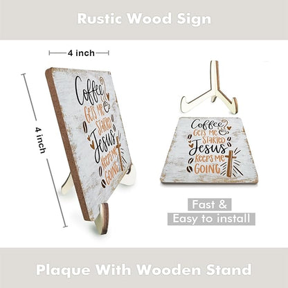 Inspirational Coffee Sign Rustic Desk Decor Decorative Christian Religious Bible Verse Faith Decoration for Home Farmhouse Bedroom Office Coffee Bar Table Shelf Tiered Tray Plaque with Wood Stand